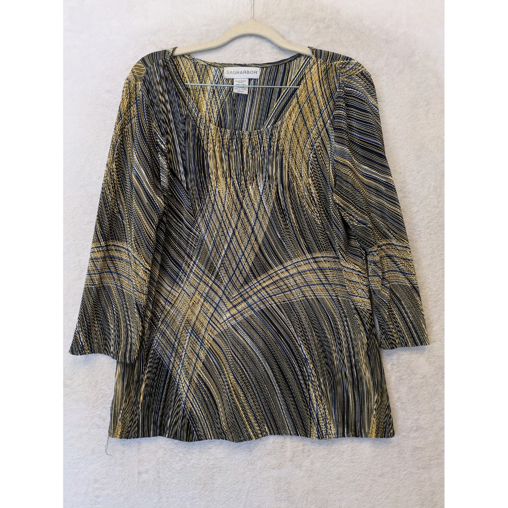 Sag Harbor Blouse Women's Small Black Gold Blue Plissé Geometric 3/4 Sleeve